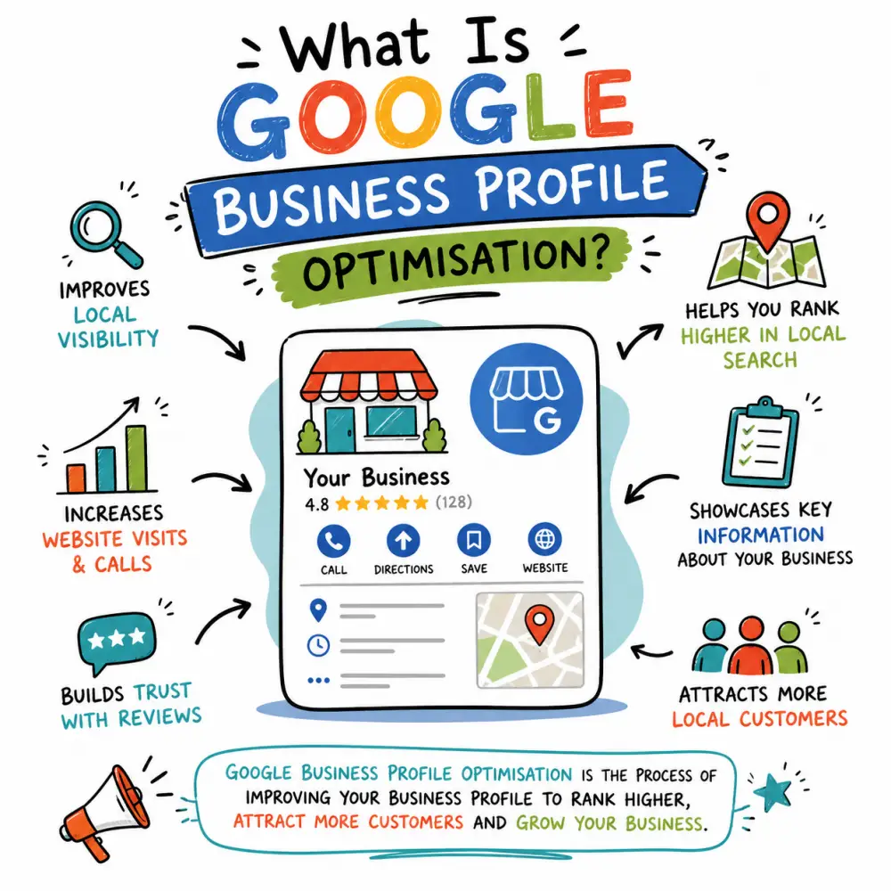 What Is Google Business Profile Optimisation Doodle illustration explaining Google Business Profile Optimisation with a business profile, local search icons, reviews, calls, website visits and customer growth.