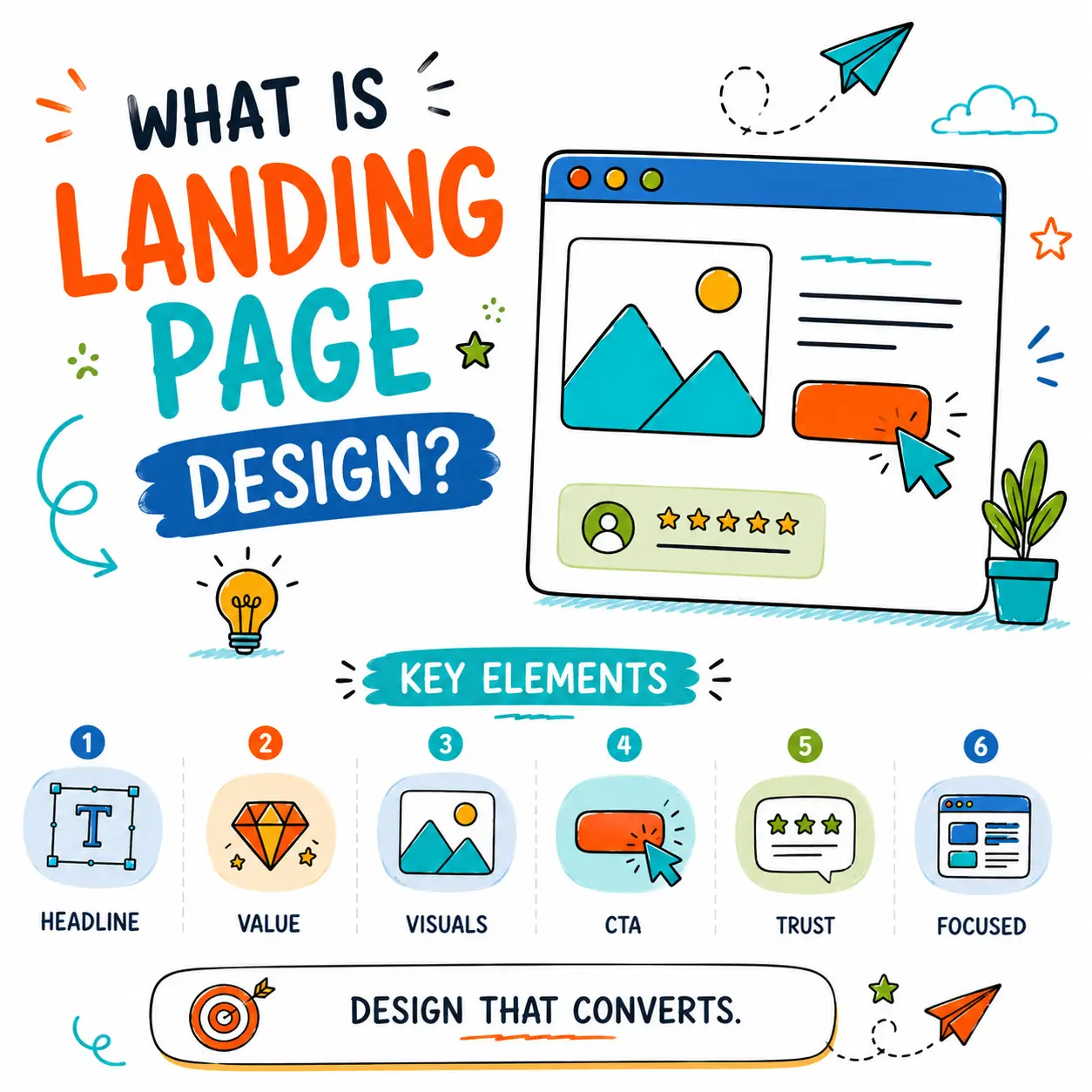 Doodle illustration explaining what landing page design is, with key elements like headline, value proposition, visuals, call to action, social proof and focused layout.