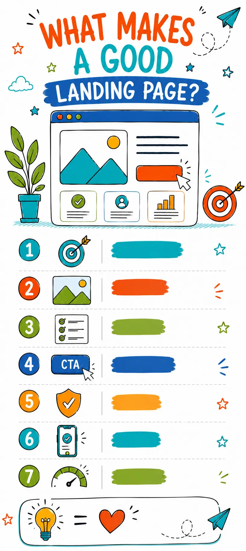 Doodle infographic showing what makes a good landing page, with icons for headline, visuals, benefits, CTA, trust, mobile friendly design and speed.