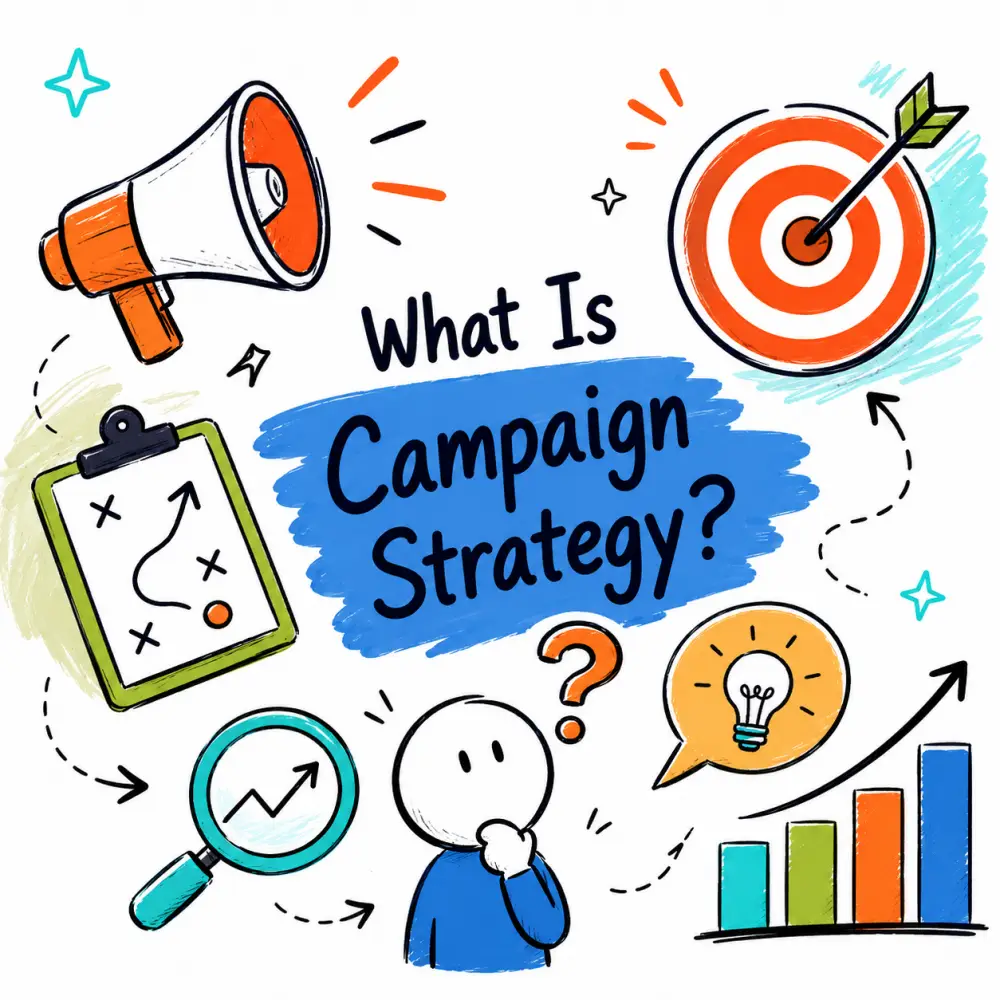 What is campaign strategy Doodle illustration explaining campaign strategy with a megaphone, target, planning board, analytics chart and lightbulb icons.