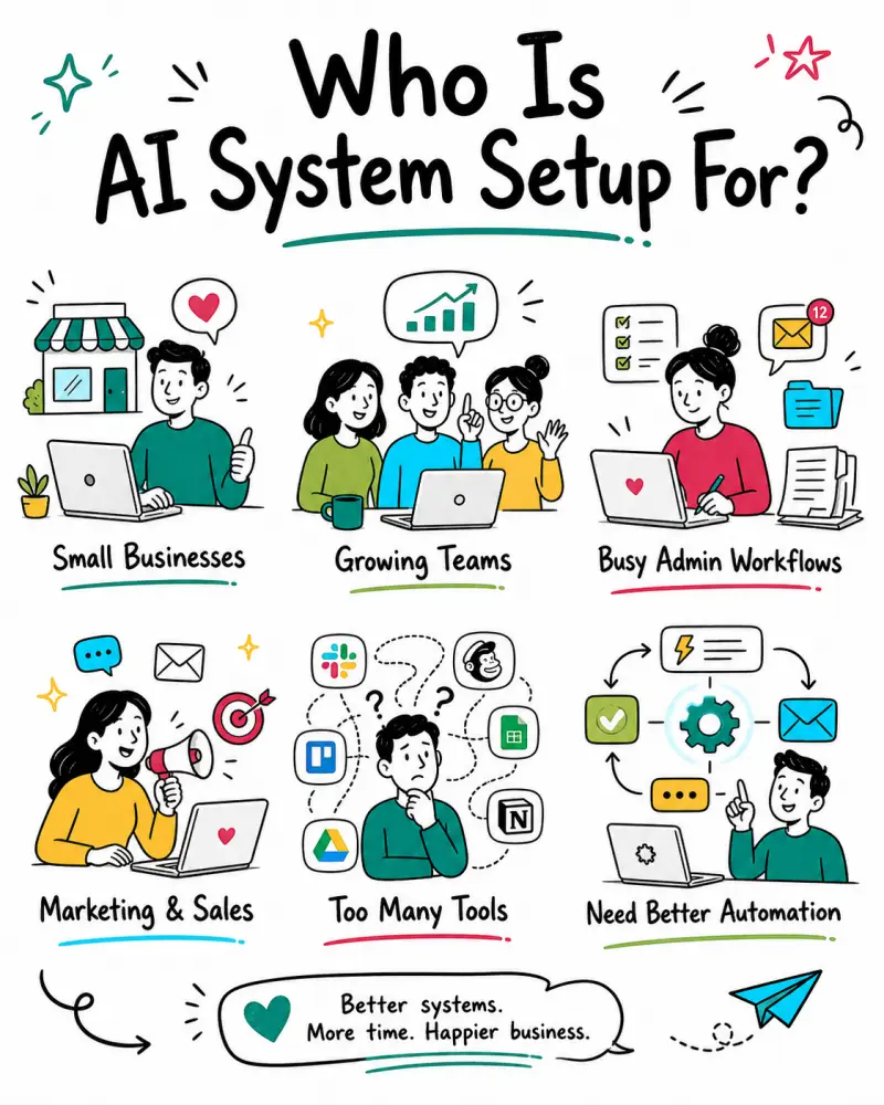 Doodle-style graphic showing who AI System Setup is for, including small businesses, growing teams, busy admin workflows, marketing and sales teams, businesses with too many tools, and companies needing better automation.