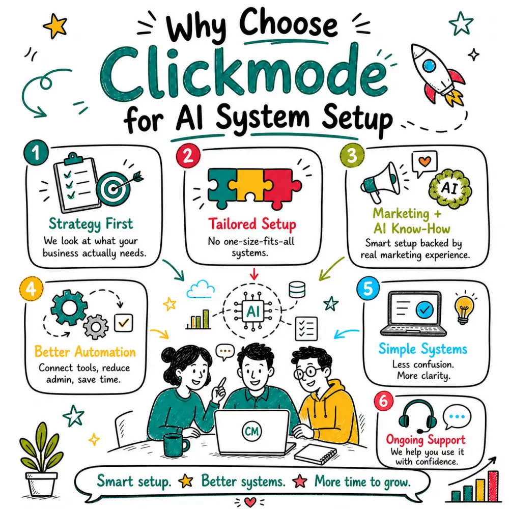 Square doodle-style graphic titled “Why Choose Clickmode for AI System Setup,” showing strategy, tailored setup, AI marketing know-how, automation, simple systems, and ongoing support.
