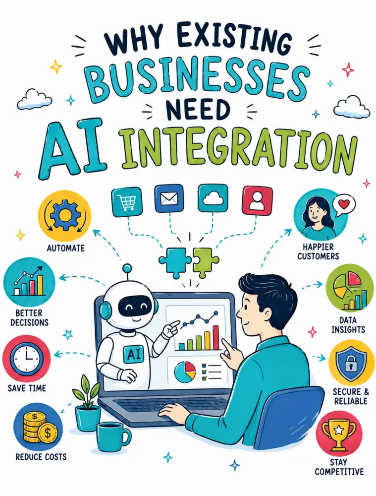 Doodle-style illustration showing why existing businesses need AI integration, with a robot, business dashboard, automation icons, data insights, cost savings, and customer experience symbols.