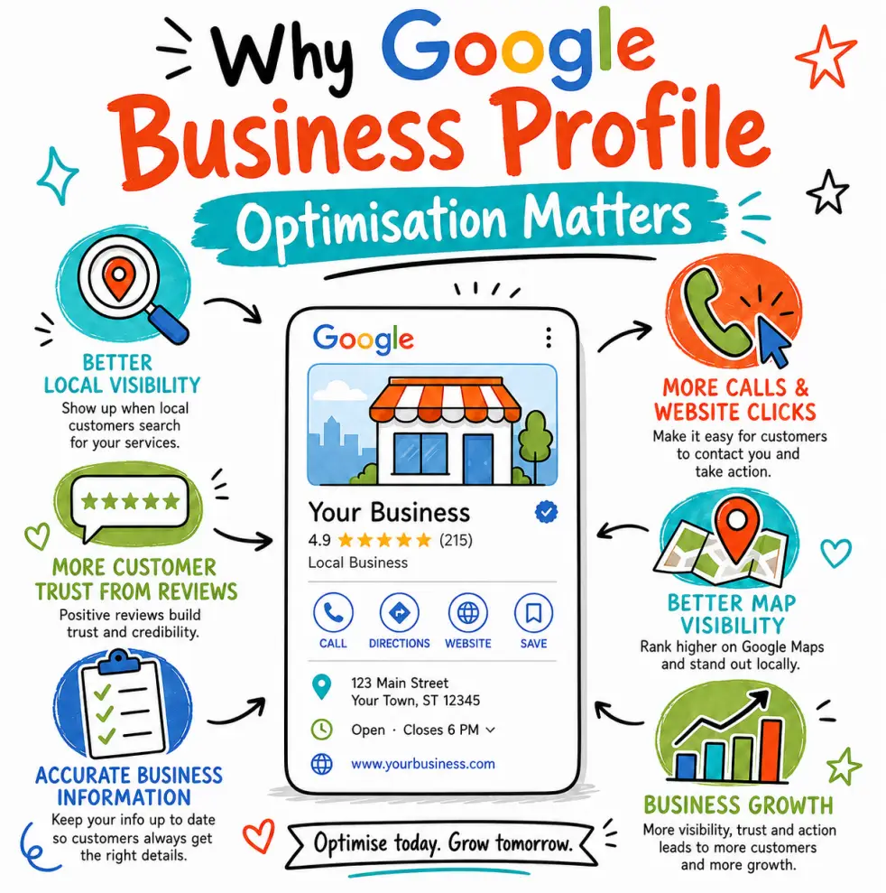 Why Google Business Profile Optimisation Matters new Doodle-style image explaining why Google Business Profile Optimisation matters, showing better local visibility, more calls, website clicks, reviews, accurate business information, map visibility and business growth.