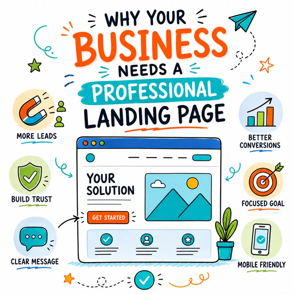 Doodle illustration showing why a business needs a professional landing page, highlighting more leads, better conversions, trust, clear messaging, focused goals and mobile-friendly design.