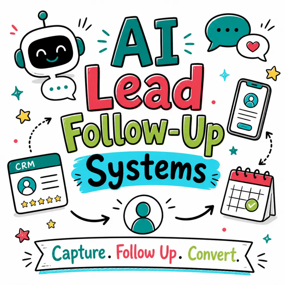 Doodle-style illustration for AI Lead Follow-Up Systems showing a chatbot, CRM, smartphone, calendar, and lead flow process.