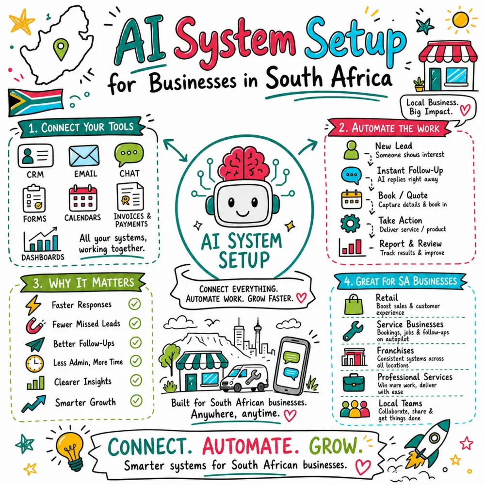 Doodle-style cover image for AI System Setup for businesses in South Africa, featuring South Africa icons, a cute AI robot, a storefront, a smartphone, and the words Connect. Automate. Grow.