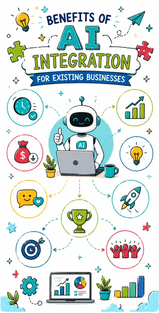 Tall doodle-style illustration showing the benefits of AI integration for existing businesses, with a friendly AI robot, business growth icons, automation symbols, charts, and connected workflow elements.