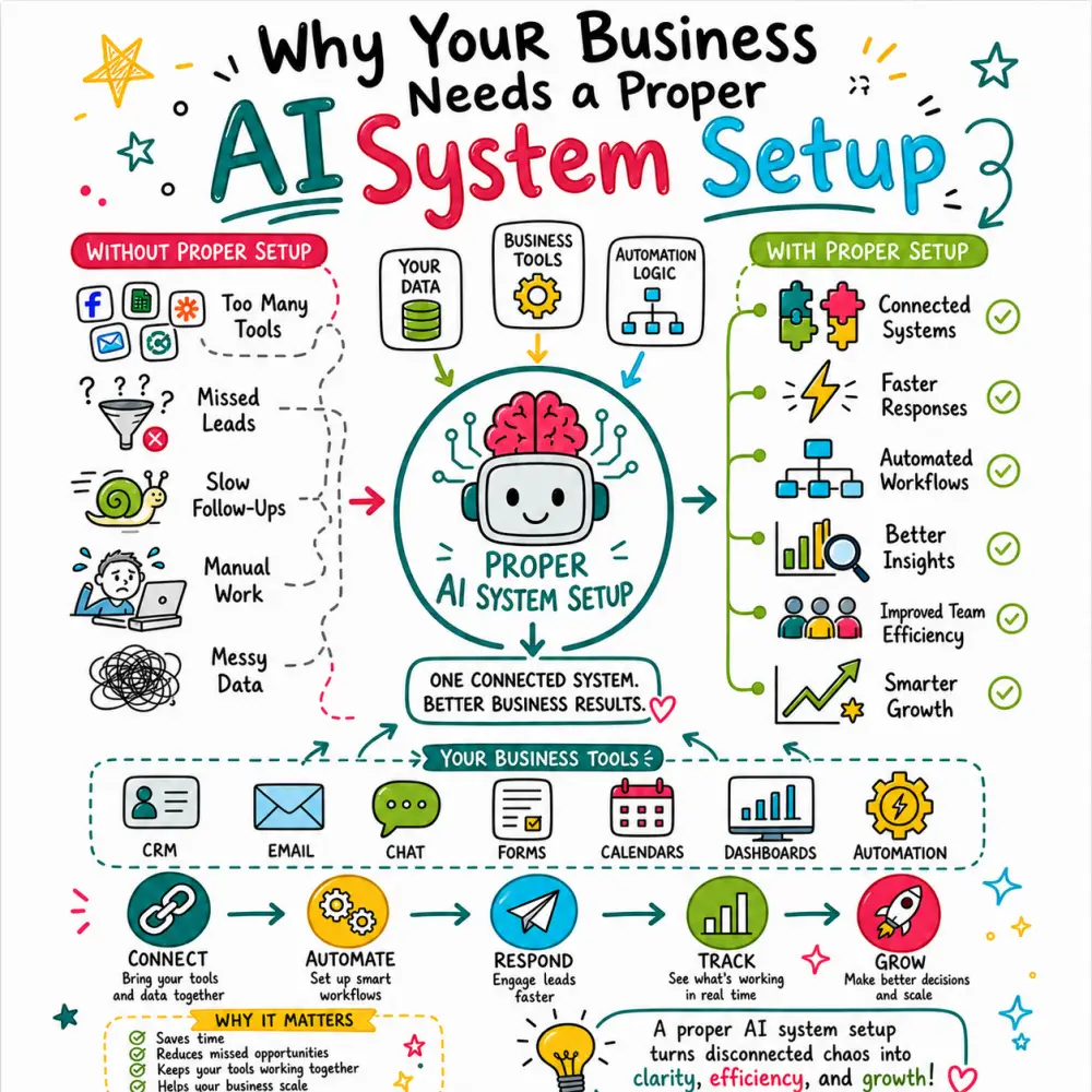 Doodle-style square infographic explaining why businesses need a proper AI system setup, showing the difference between disconnected tools and a connected automated system.