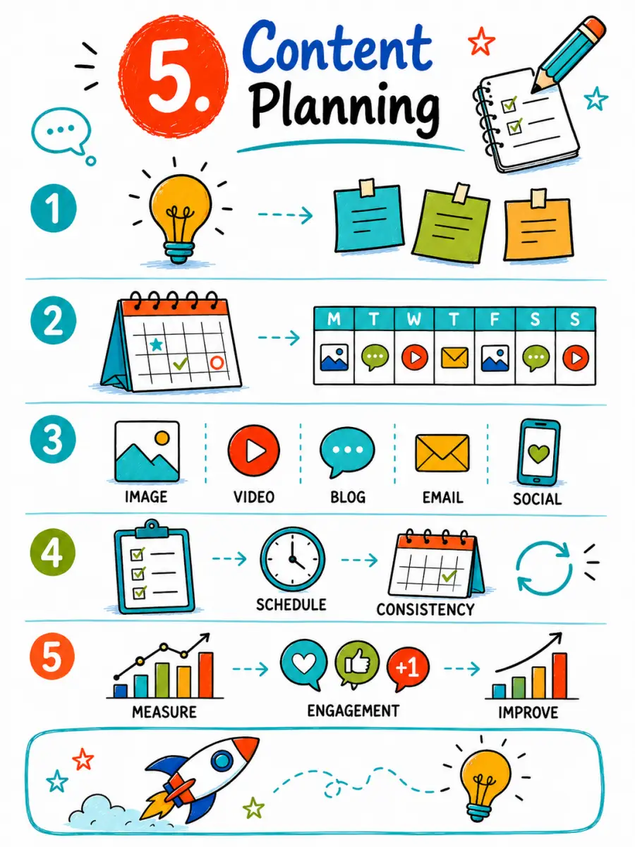 content planning Vertical doodle infographic about content planning, showing content ideas, a calendar, post formats, scheduling, consistency, engagement and improvement icons.