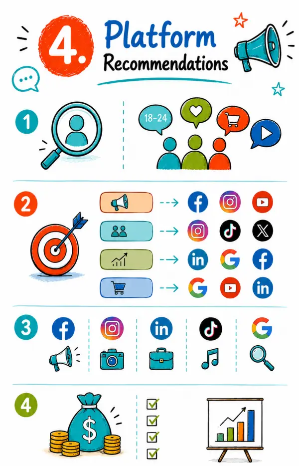 platform recommendations infographic new Vertical doodle infographic about platform recommendations, showing social media, email, website, ads, budget and analytics icons.