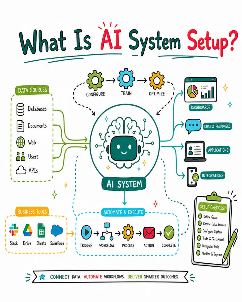 Doodle illustration explaining AI System Setup with a central AI system, connected data sources, 