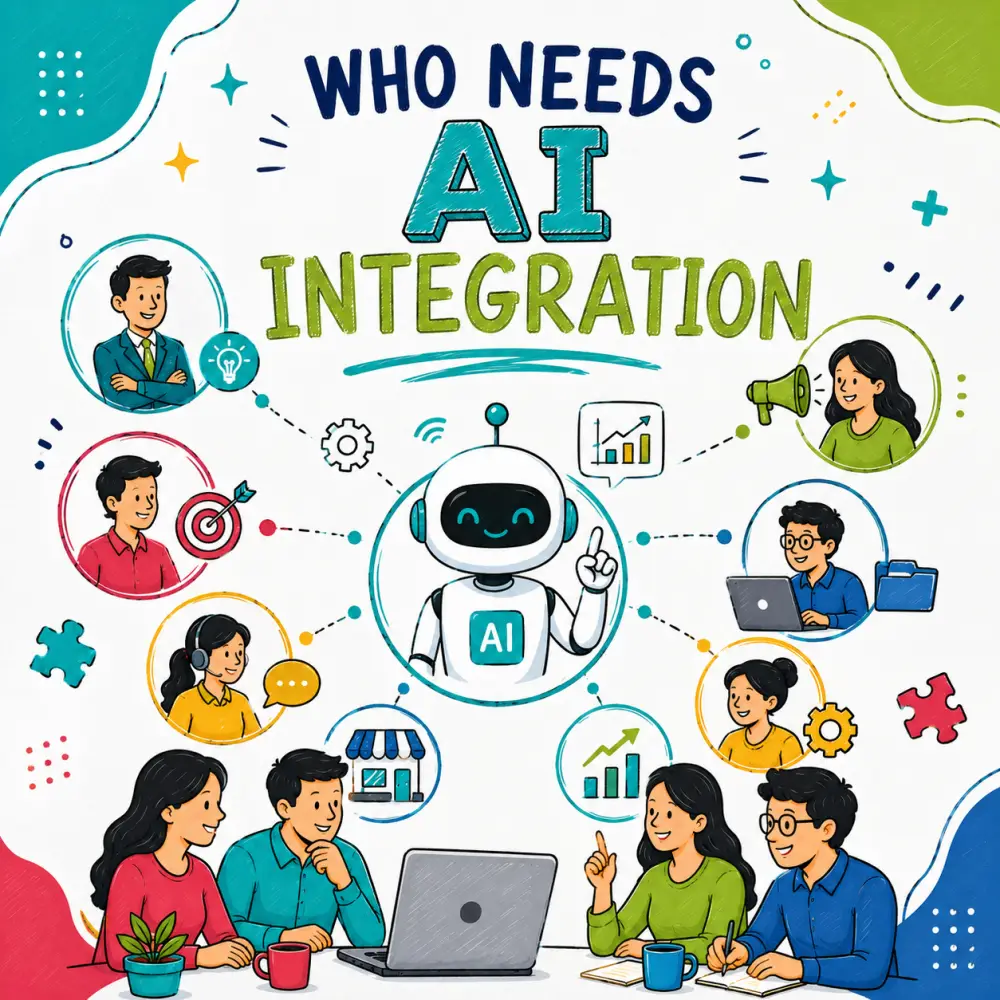 Doodle-style cover image showing who needs AI integration, with an AI robot connected to business owners, sales, marketing, support, admin, operations, and growing business teams.