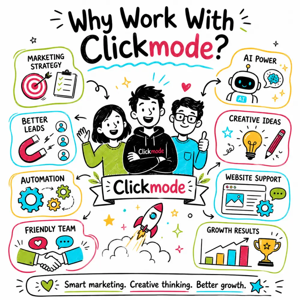 Doodle-style illustration titled “Why Work With Clickmode?” showing a friendly team in the centre surrounded by icons for marketing strategy, AI power, better leads, creative ideas, automation, website support, a friendly team, and growth results.