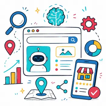 AI search and optimization infographic Doodle-style SEO for AI search illustration with robot, search window, magnifying glass, map pin, rankings chart and digital visibility icons.