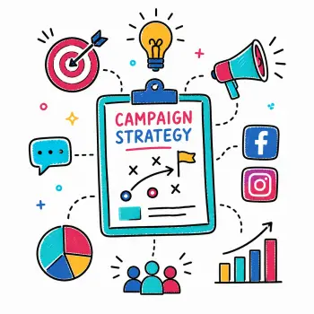 Doodle-style campaign strategy icon with planning clipboard, target, megaphone, audience and analytics elements.