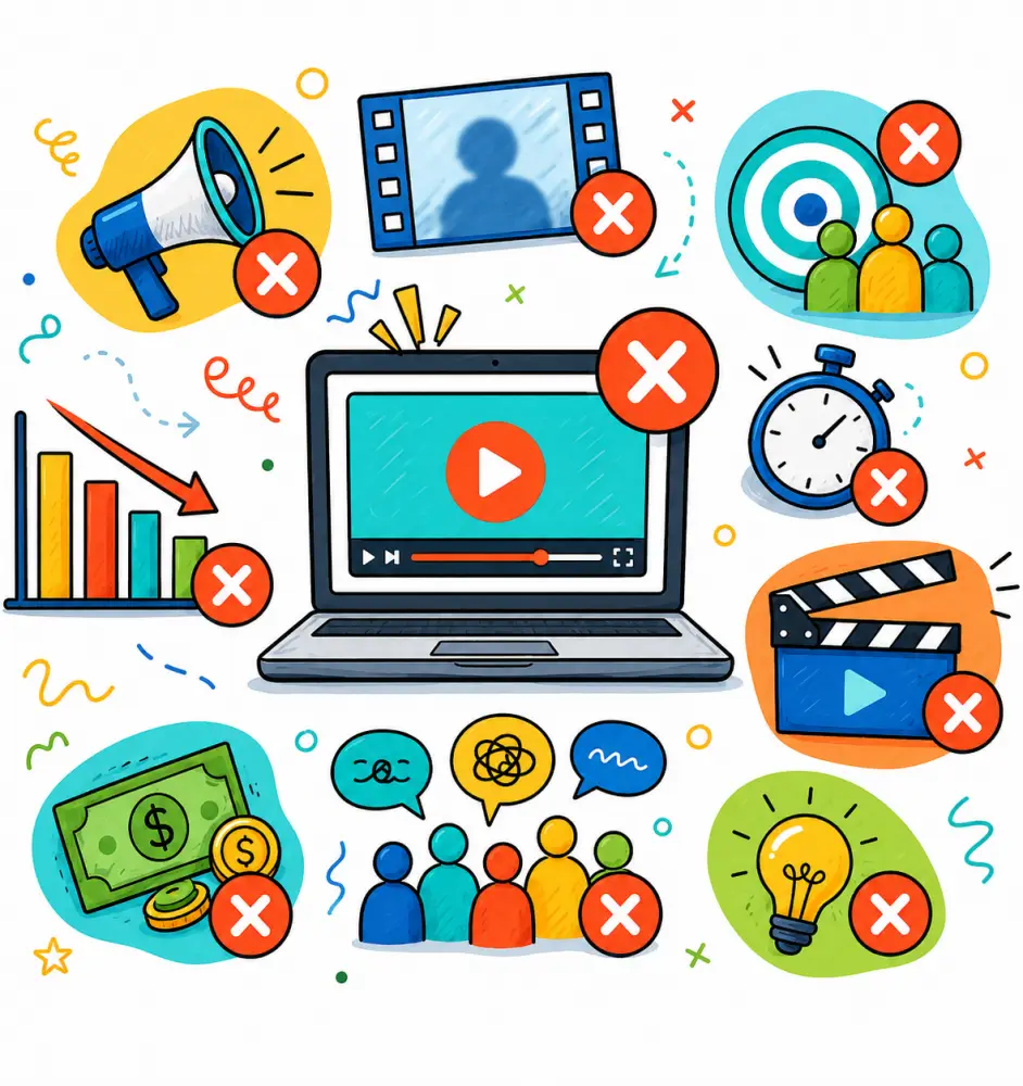 Colourful doodle-style square graphic showing common video marketing mistakes with a laptop video player surrounded by warning icons, crossed-out symbols and marketing visuals.