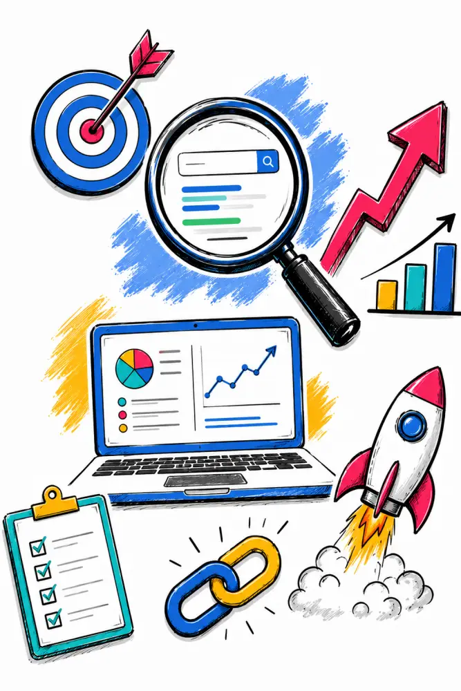 Digital marketing and analytics doodles Doodle-style SEO marketing illustration with search, analytics, growth, backlinks and strategy icons.