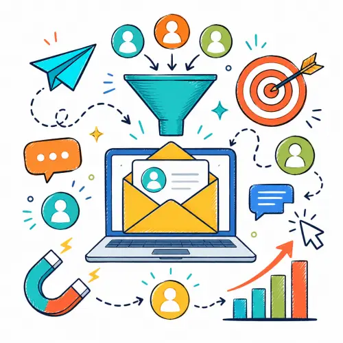 Email Marketing And Lead Generation Doodle-style email marketing and lead generation illustration with a laptop, envelope, funnel, customer icons, target, magnet and growth chart.