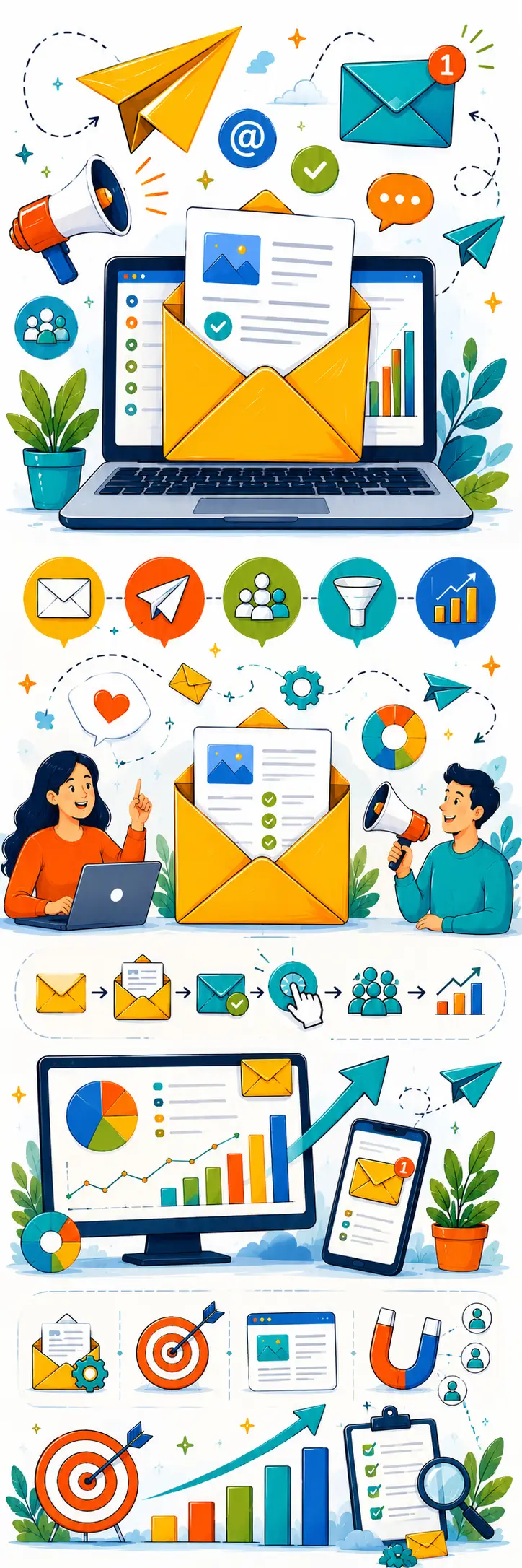 Email Marketing Services From Clickmode new Colourful doodle-style email marketing illustration with envelopes, laptop, analytics charts, paper planes, automation icons and digital campaign elements.