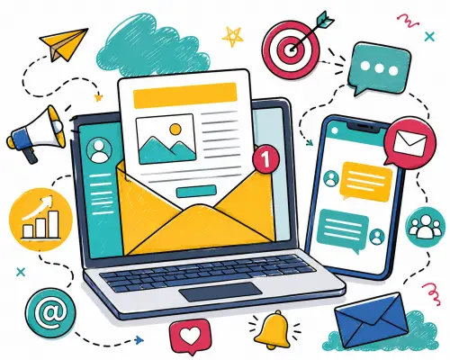Doodle-style Email and SMS Marketing illustration with email envelope, smartphone messages, notifications, audience icons and growth chart.