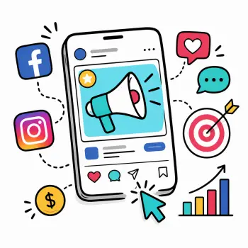 Doodle-style Facebook and Instagram ads icon with social media post, megaphone, cursor, target and analytics graph.
