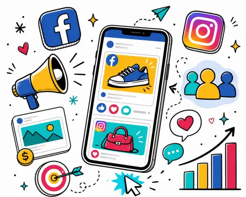 Facebook and Instagram Ads doodle illustration with mobile ads, engagement icons and growth chart.