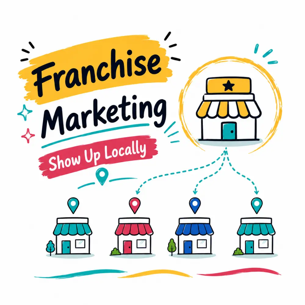 Doodle-style illustration showing franchise marketing connecting one main brand to multiple local branches.