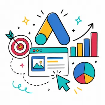 Doodle-style Google Ads marketing icon with ad elements, target, cursor and analytics graph.