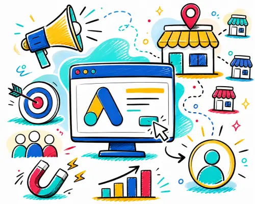 Google Ads franchise lead generation doodle illustration with storefronts, target, magnet and growth chart.