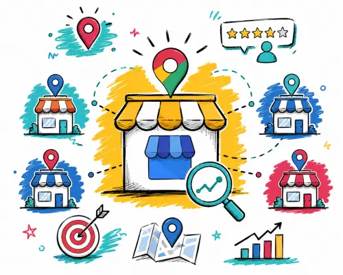 Doodle-style illustration showing Google Business Profile optimisation for franchise locations, with multiple local storefronts, map pins, reviews, analytics and search icons.