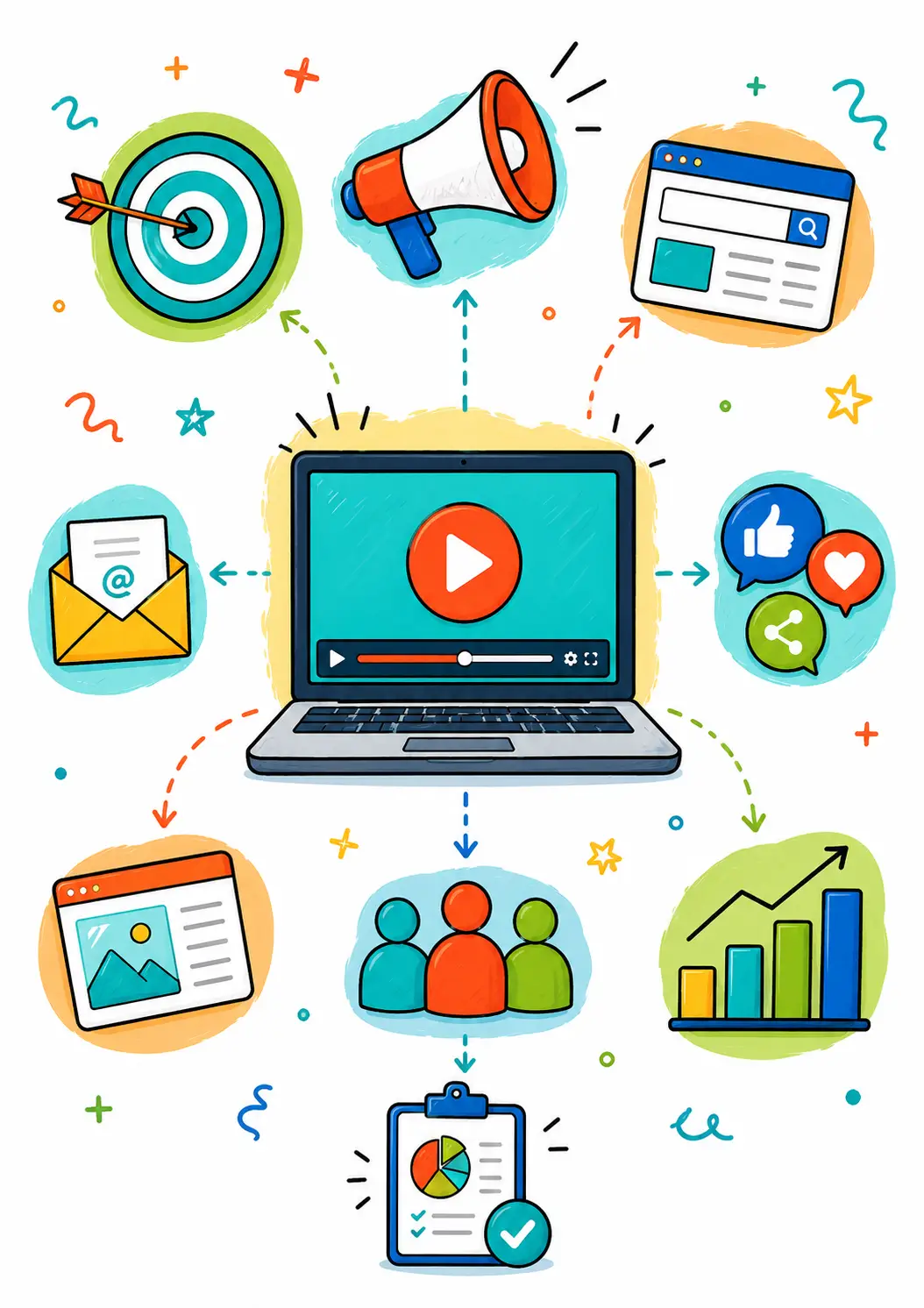 Colourful doodle-style illustration showing how video marketing connects with digital marketing strategy, featuring a central laptop video player linked to icons for SEO, email, social media, content, audience targeting, analytics and growth.