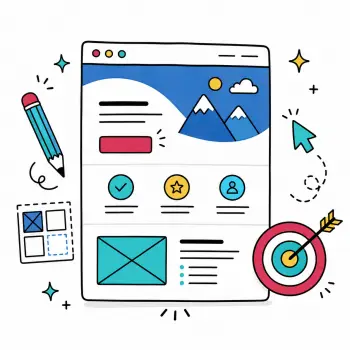 Doodle-style landing page design icon with website layout, pencil, cursor and target.