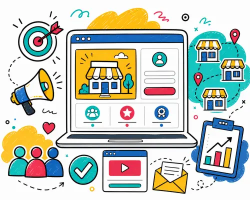 Doodle-style landing page illustration for franchise campaigns with lead form, franchise locations, targeting icons and growth chart.