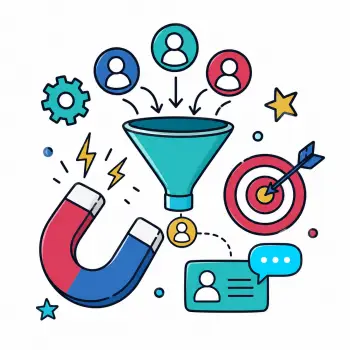 Doodle-style lead generation icon showing a magnet attracting customer leads into a marketing funnel.