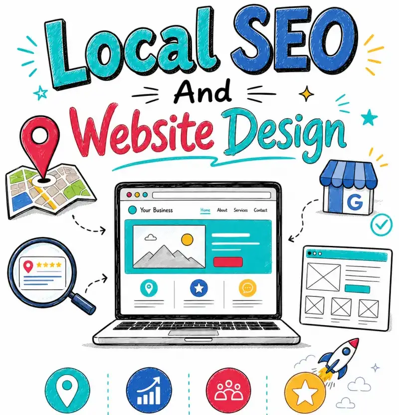 Local SEO and website design new Doodle-style image showing Local SEO and Website Design with a laptop, map pin, Google Business icon, search icon, and growth symbols.