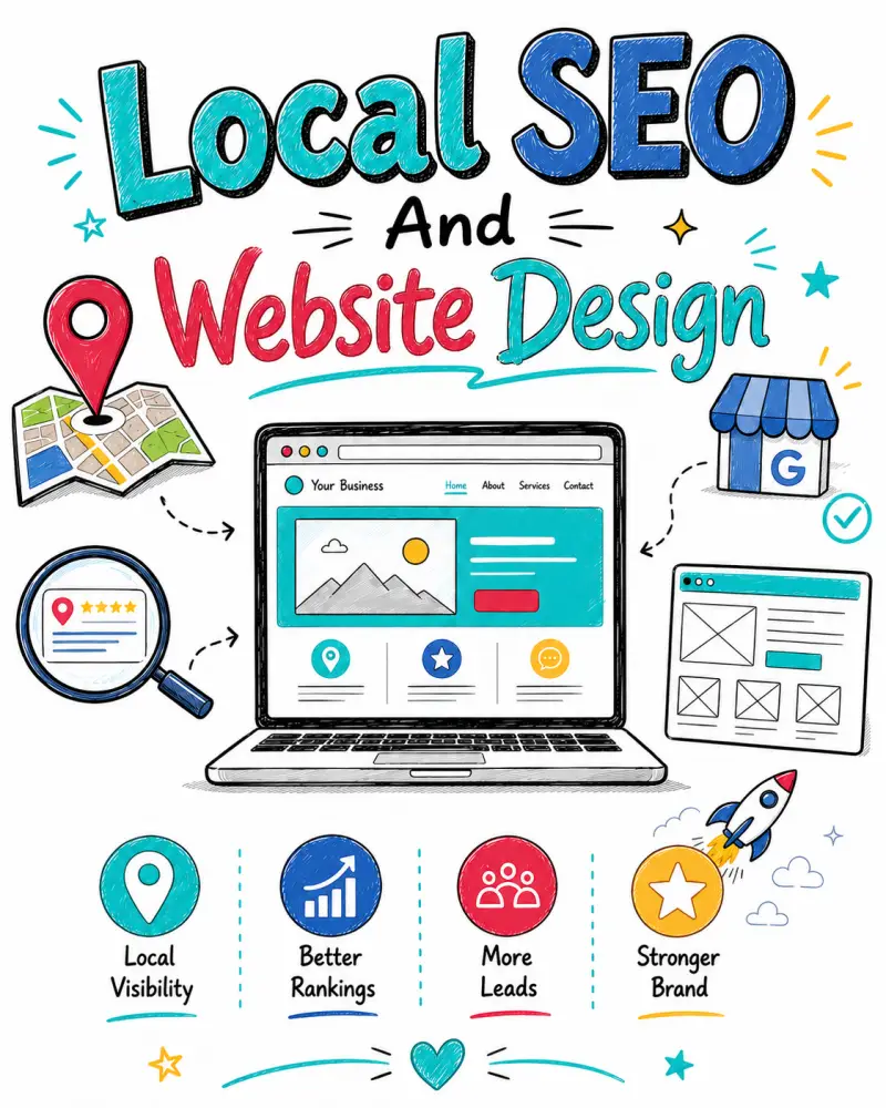 Local SEO and website design Doodle-style image showing Local SEO and Website Design with a laptop, map pin, Google Business icon, search icon, and growth symbols.