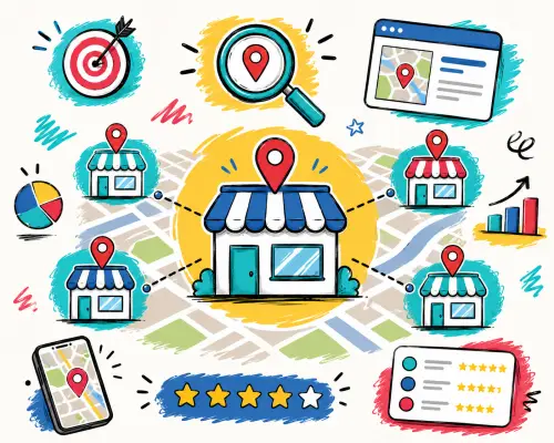 Doodle-style illustration showing local SEO for franchise branches, with multiple store locations, map pins, reviews, analytics icons and search visibility elements.