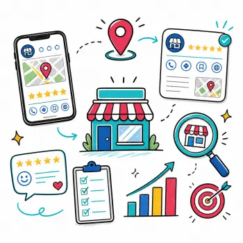 Local business analytics and listings infographic Doodle-style Google Business Profile optimisation illustration with storefront, map pins, mobile listing, reviews, checklist, target and growth chart.