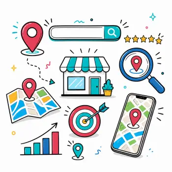 Local business search and map Doodle-style local SEO illustration with map pins, search bar, storefront, mobile map, ratings, target and growth chart.