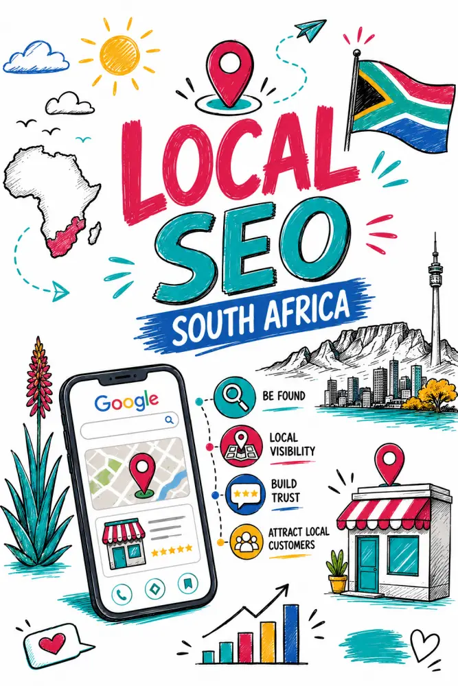 Local seo South Africa Doodle style illustration for Local SEO South Africa featuring a Google local search result, South African flag, map pins, city skyline, local business storefront, review stars and growth icons in bright pink, teal, blue and yellow colours.