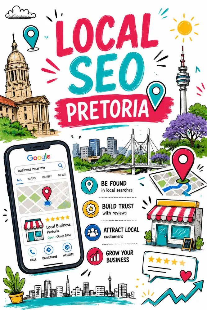 Local seo pretoria feature Doodle style illustration for Local SEO Pretoria featuring Pretoria landmarks, a Google local search result, map pins, a local business storefront, review stars and growth icons in bright pink, teal, blue and yellow colours.