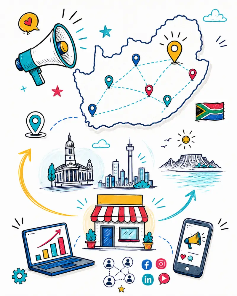 Doodle-style portrait illustration of franchise marketing across South Africa, featuring a South Africa map with location pins, marketing icons, a storefront, laptop, phone and social media symbols.