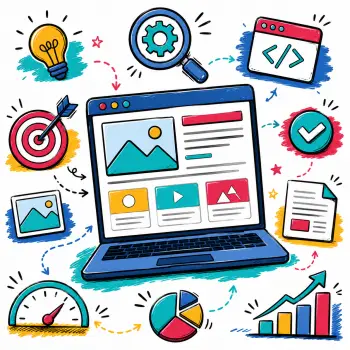 On-Page SEO Doodle-style on-page SEO illustration with website layout, optimisation icons, speed gauge, analytics chart, link icon, mobile screen, and search elements.