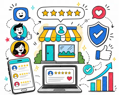Review and reputation support doodle illustration with star ratings, customer feedback, trust icons and online review screens.