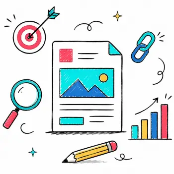 Doodle-style SEO content illustration with a web page, magnifying glass, pencil, backlinks, target and analytics chart.