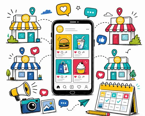 Doodle-style social media content illustration for franchise brands with mobile posts, franchise locations, engagement icons and content calendar.