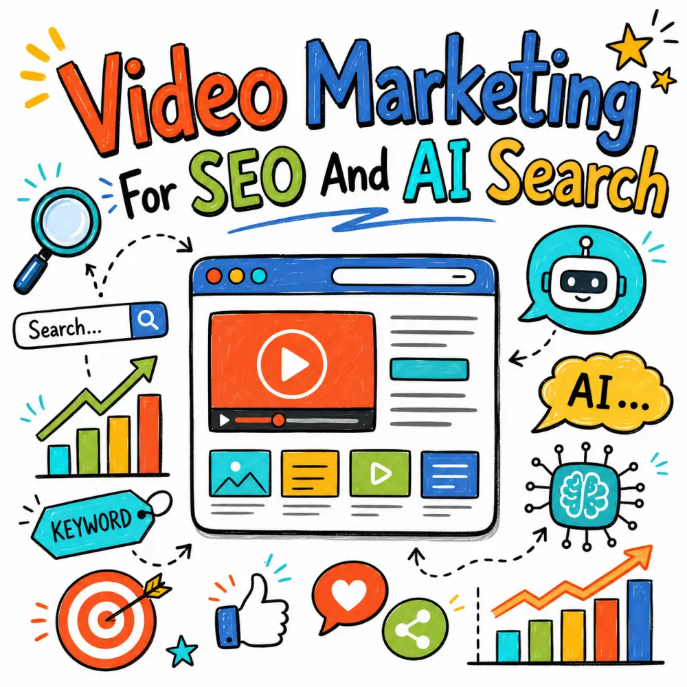 Colourful doodle-style graphic titled “Video Marketing For SEO And AI Search” featuring a web page with a video player, search icons, AI symbols, charts and engagement icons.