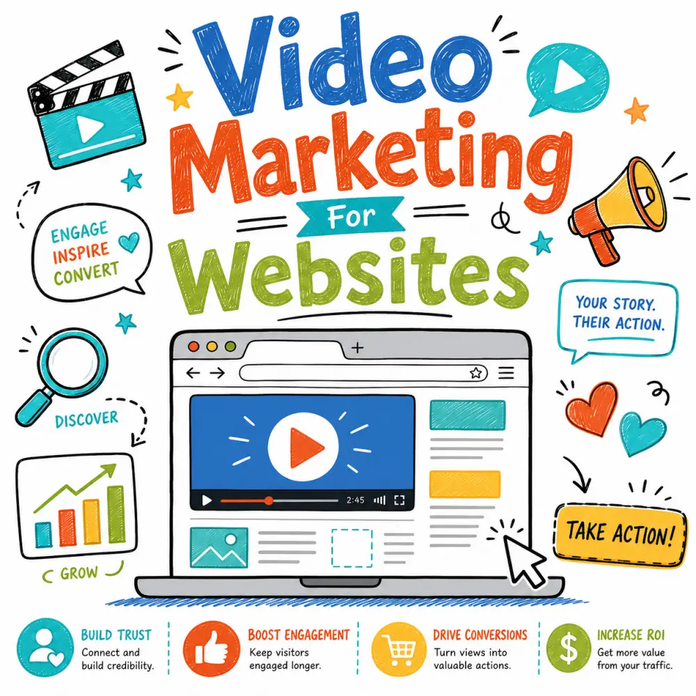 Colourful doodle-style graphic titled “Video Marketing For Websites” featuring a website page with an embedded video player, marketing icons, engagement bubbles, a megaphone and a growth chart.