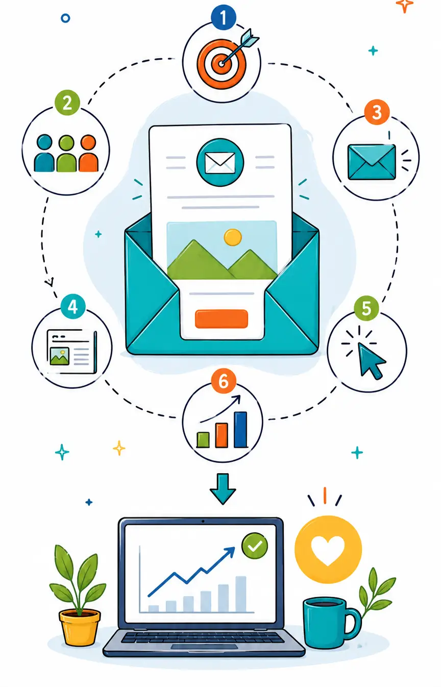 What Makes A Good Email Marketing Campaign Doodle-style infographic showing the key elements of a good email marketing campaign with an envelope, icons, growth chart and engagement symbols.